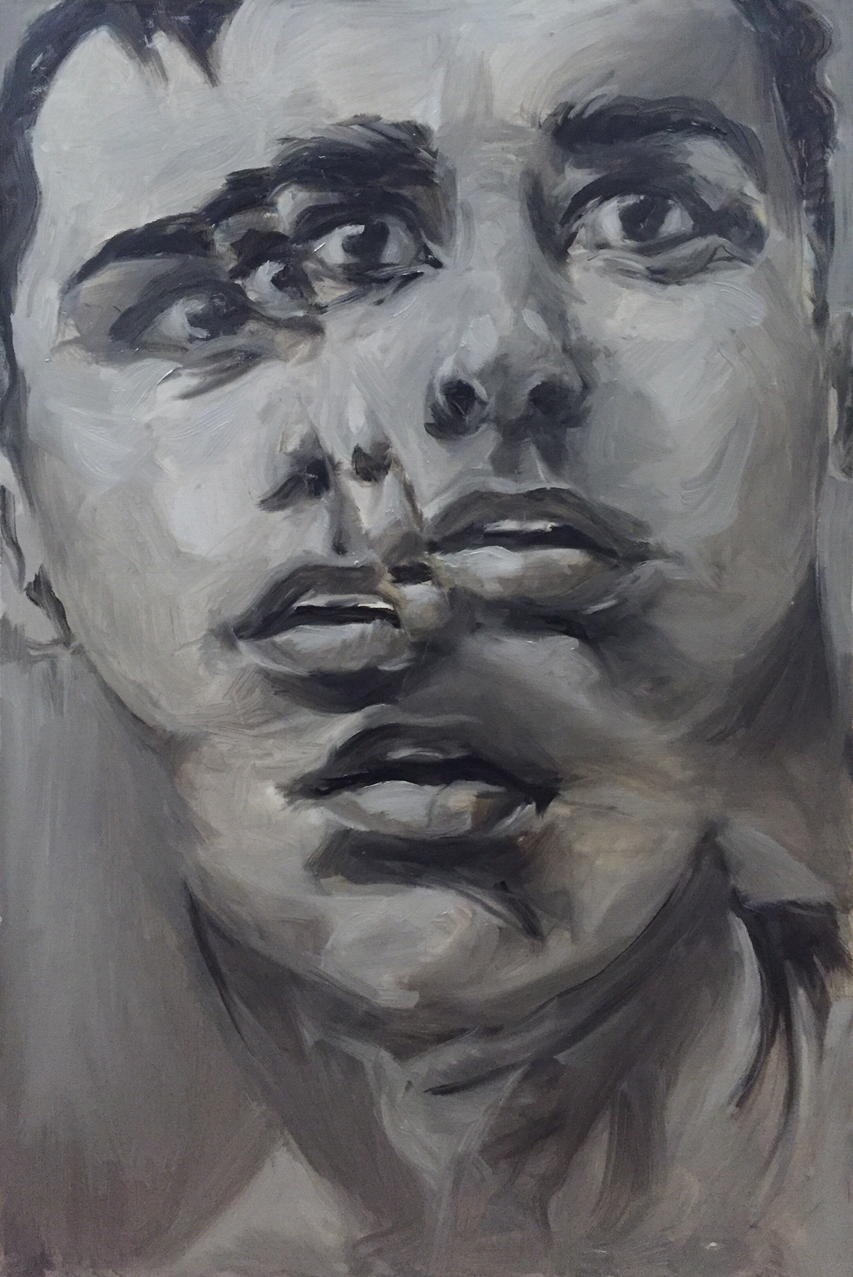 oil painting   portrait face grayscale black and white refraction reflection expressive modern self portrait