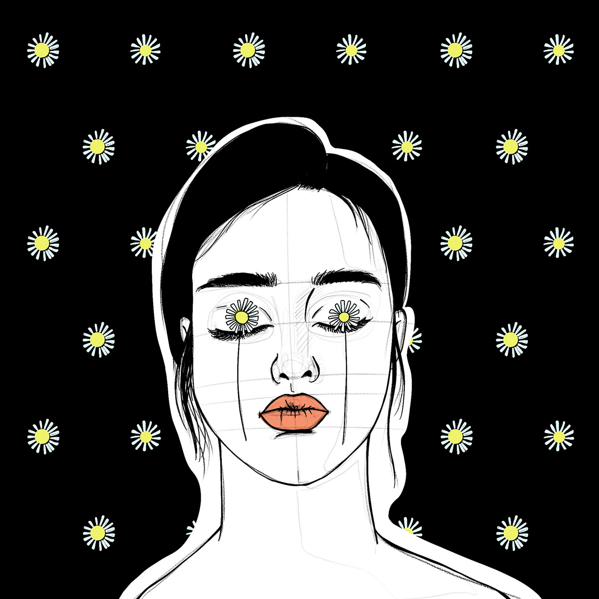 image representing a girl with two daisies on her eyes with a daisies pattern background.