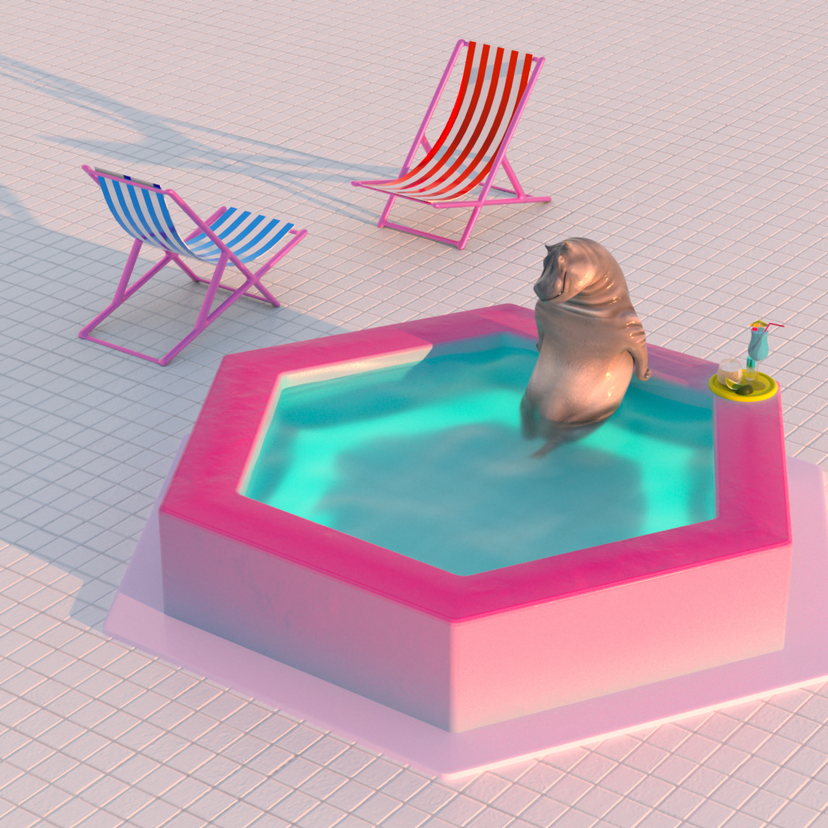 3D 3DArtist animal animation  cinema 4d hippo Pool Quarantine vfx artist