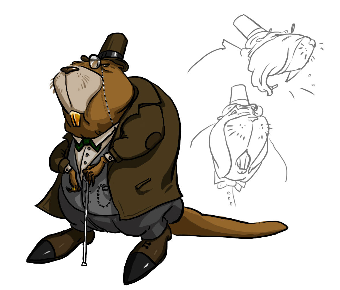 sketch Character Mister beavers banker cylinder vest pince-nez rage surprise hostility brown Cane suit