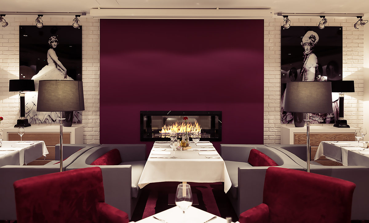 fireplace Planika restaurant burgundy White black bar kumi studio