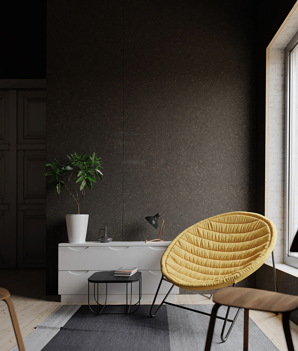 Scandinavian black Interior design kitchen living room lounge cabin cozy