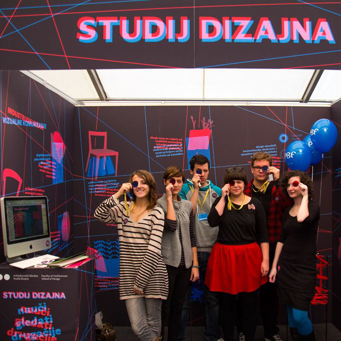 Promotional booth University Design School blue red filter illusion optical student Overlapping Fair Stand Zagreb studij dizajna