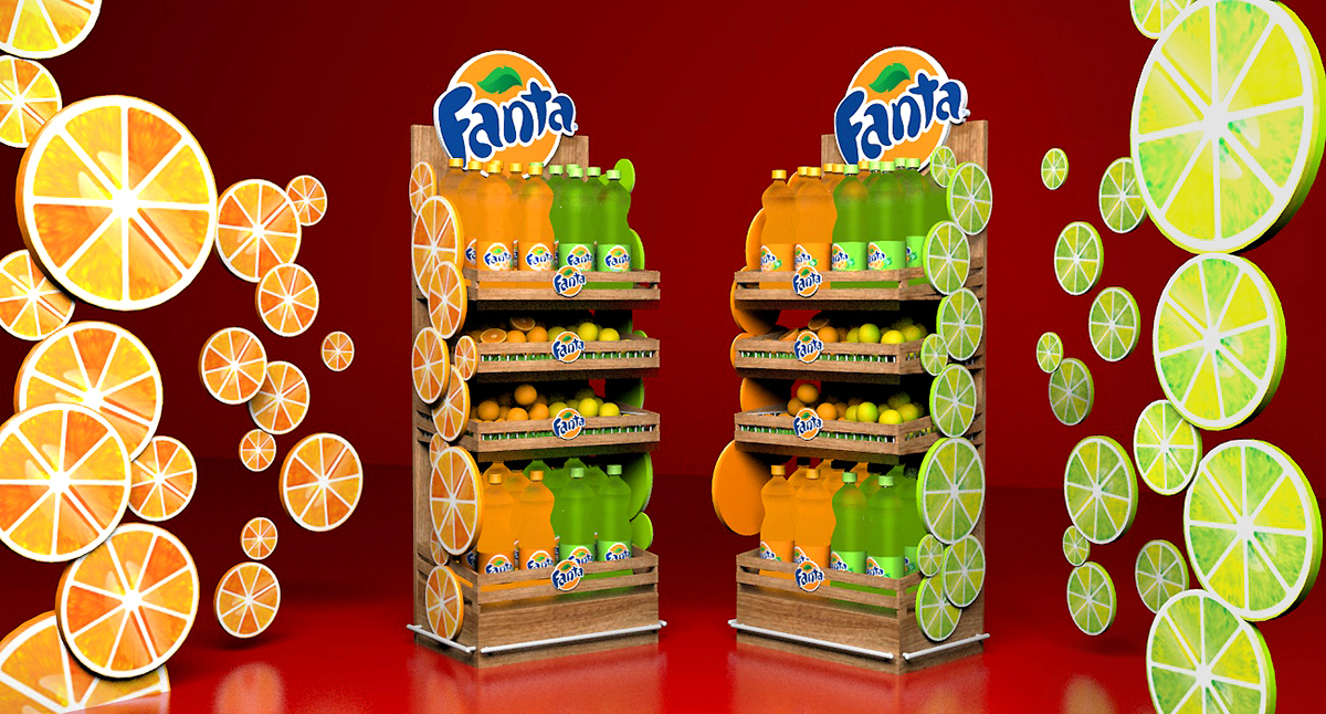 Stand lemon fanta orange wood Fruit beverages posm