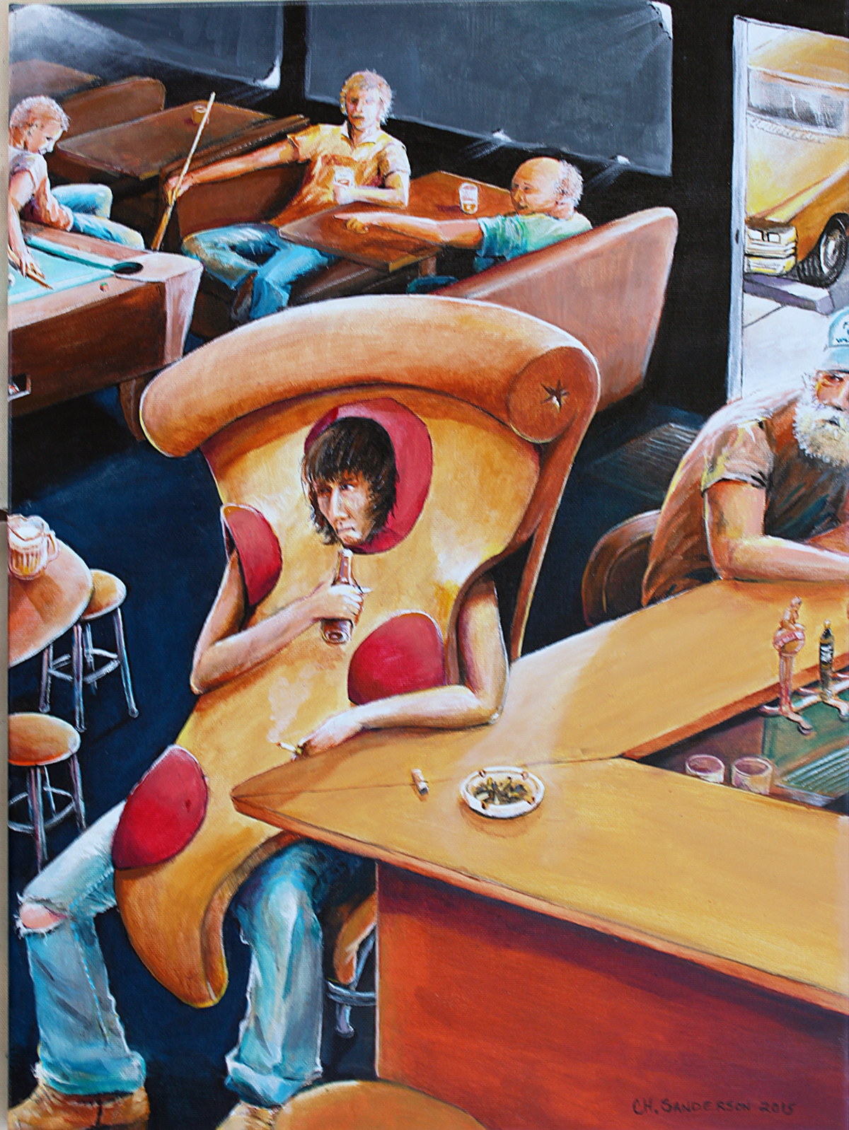 acrylic canvas Absurd comical humor Pizza costume bar drinking drunk