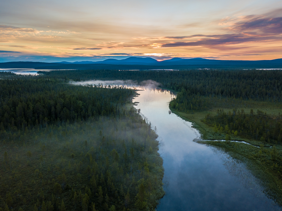drone Midnight Sun misty nature photography Aerial Photography Lapland Muonio pallas-ylläs national park National Park