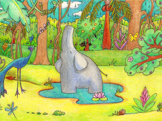 Cute, Funny Cartoon Art of an Elephant Singing in the Jungle by Ellie.