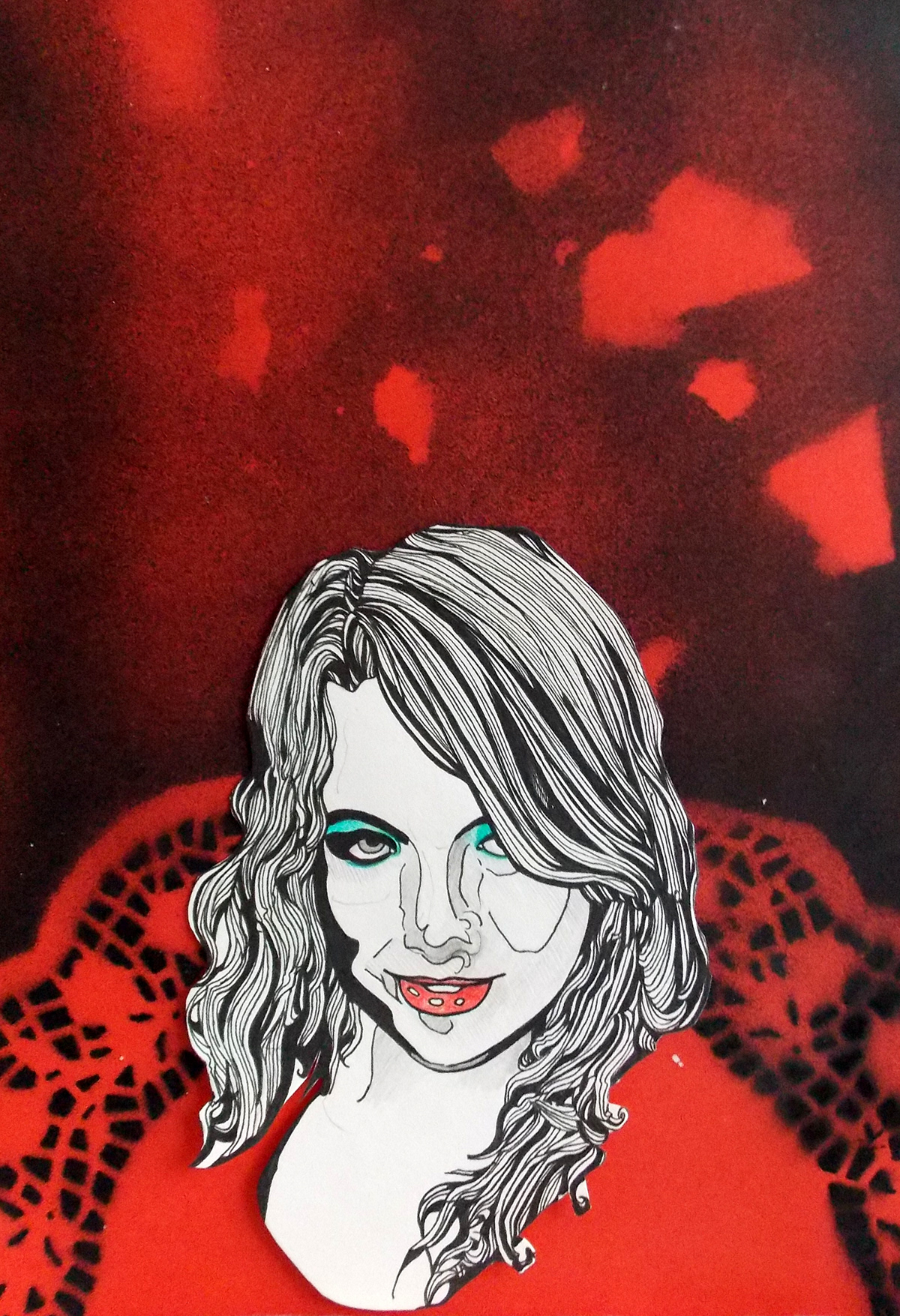 red black spray-paint queen pen ink portrait ruff