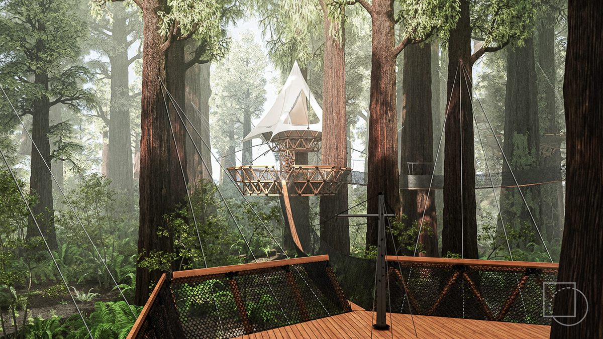 architecture atmosphere forest glamping green Landscape Nature night Render Treehouse