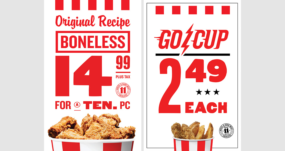 KFC poster Rebrand knockout Food  bucket chicken heritage Authentic red posters logo stripes design in store
