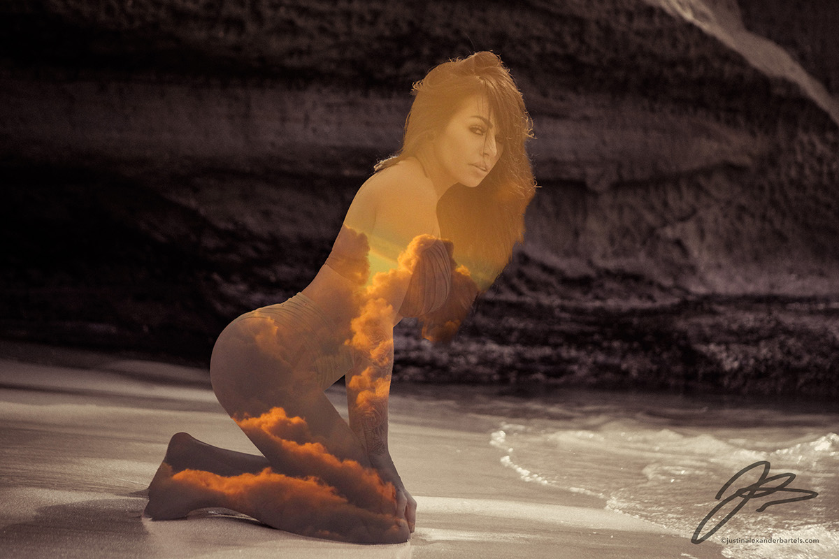bikini swimsuit swim Ocean beach San Diego la jolla model tattoos double exposure hispanic pacific ocean rocks layers inked