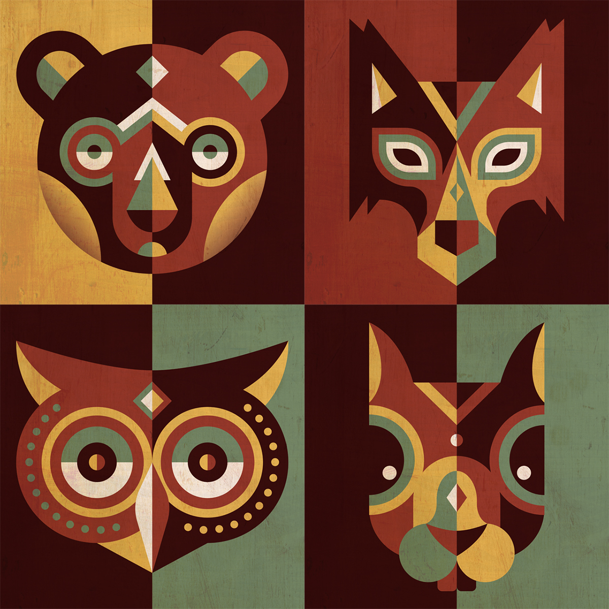 wood animals bear owl wolf squirrel Tree  mountain leaf pattern geometric odd printsonwood