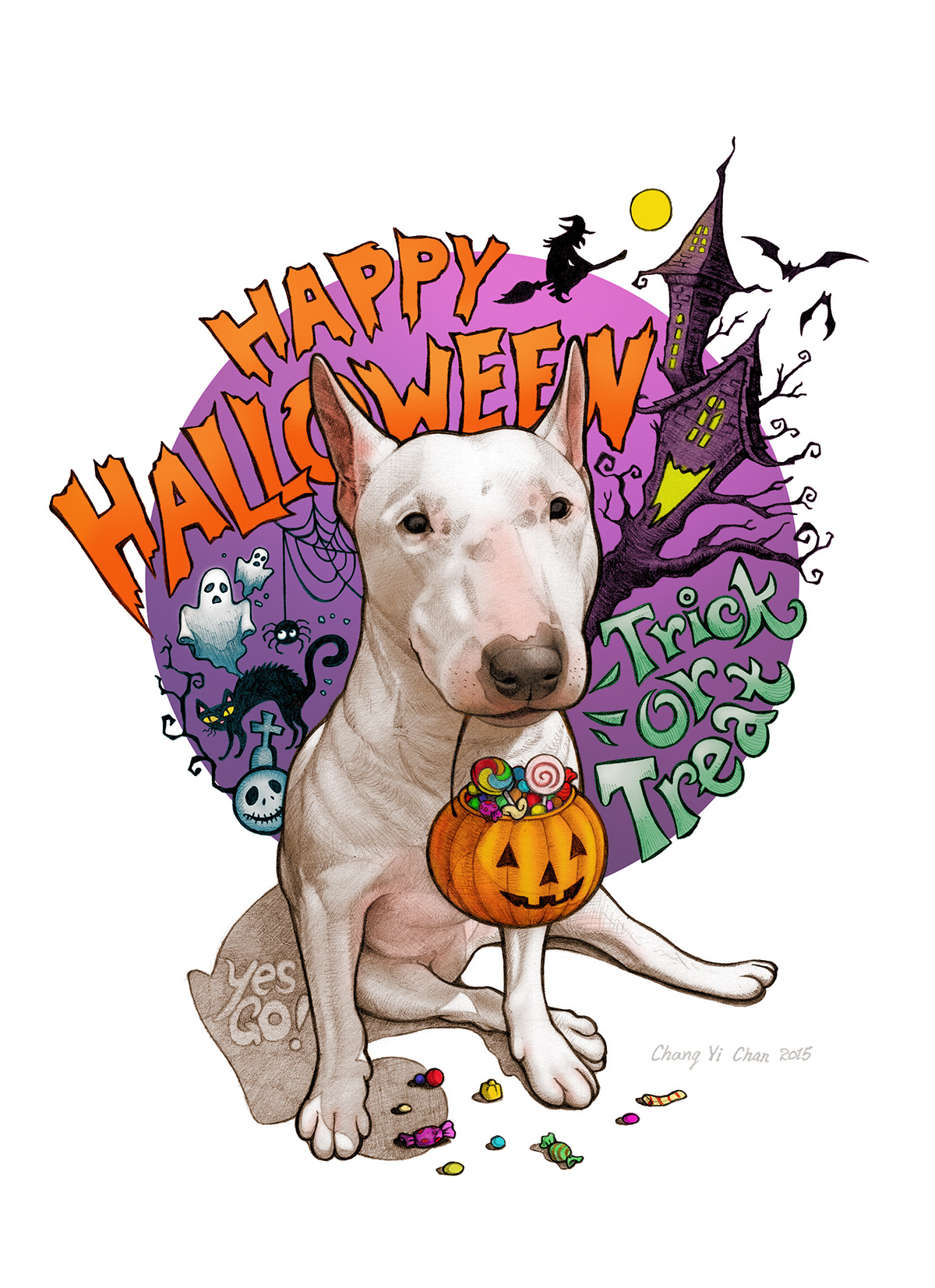 dog Halloween bull terrier trick or treat ghost bat haunted house spider Cat witch Candy pumpkin