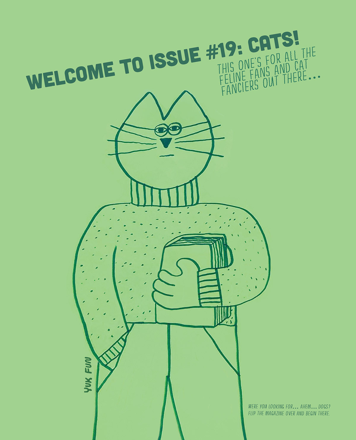 Welcome page of a magazine with an illustration of a cat wearing glasses carrying some books. 