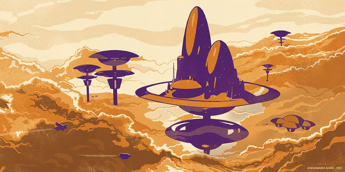 ILLUSTRATION  Landscape planet Retro science fiction solar system Space  spaceship sublime