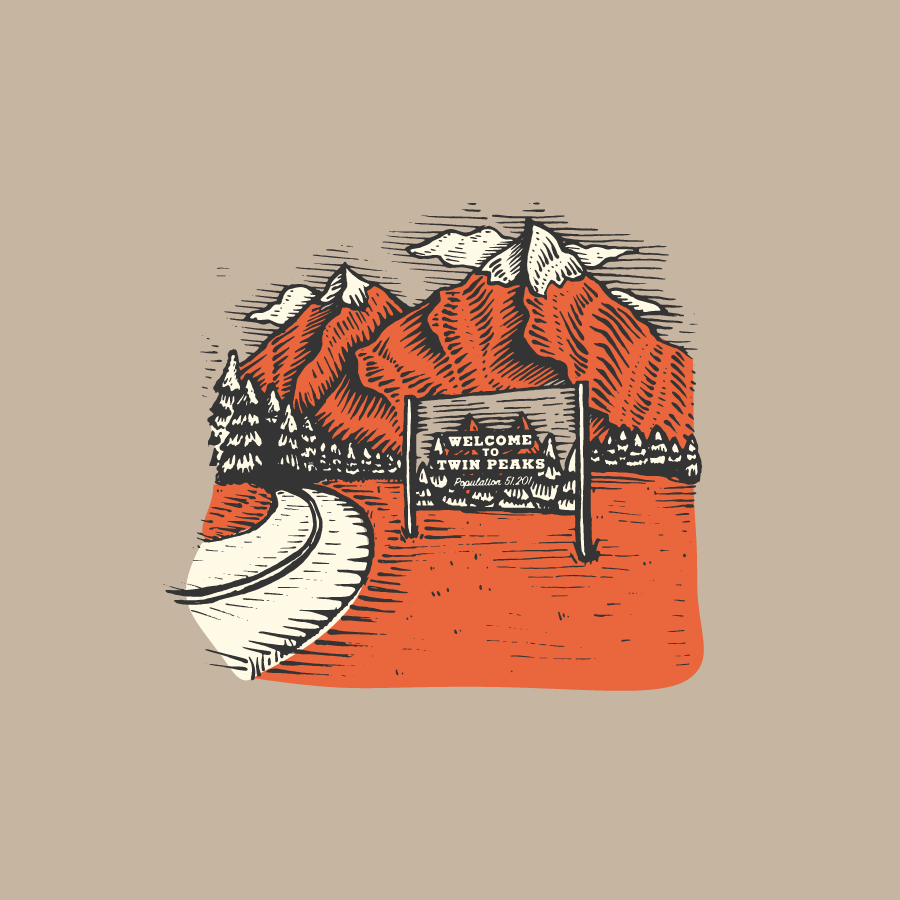 twin peaks icons woodcut Travis pietsch pine trees trees mountians beer motorcycle Doughnuts Coffee log lady sheriff