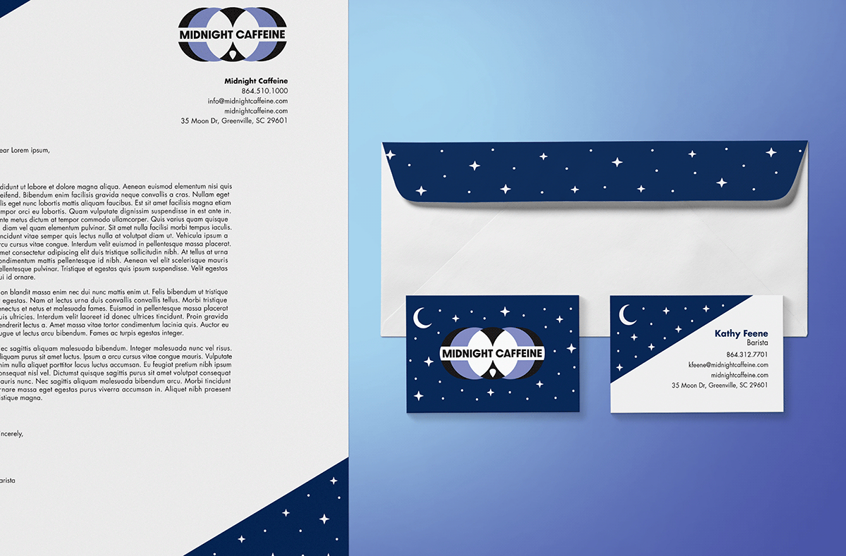 Identity System graphic design  letterhead logos Business card design midnight caffeine envelope design InDesign Illustrator