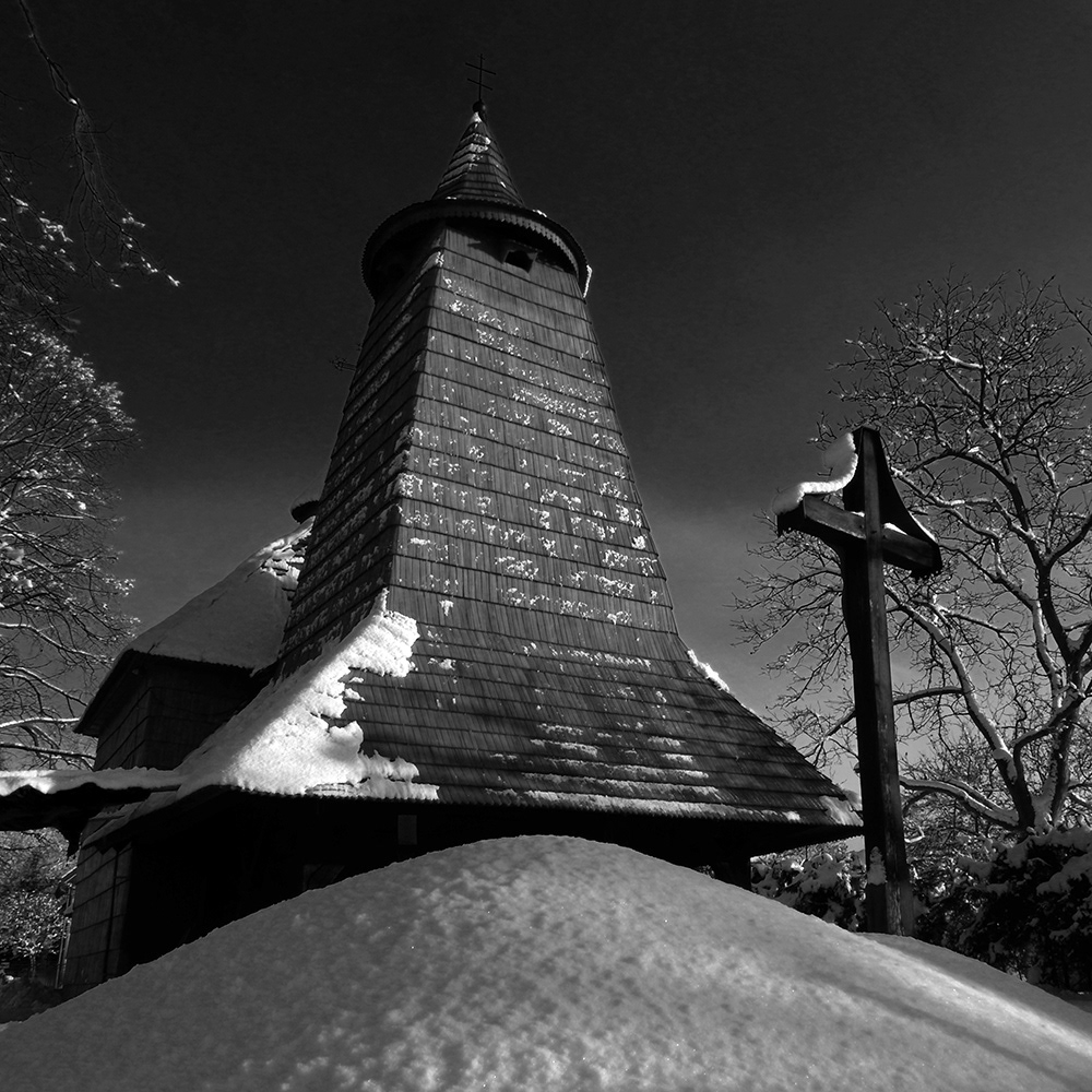 wooden church UNESCO black and white slovakia heritage snow