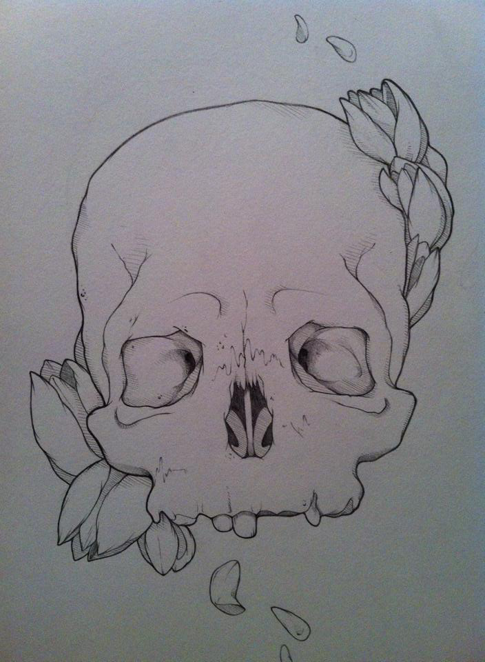 tatttoo design concept skull head bone teeth floral Flowers tulips