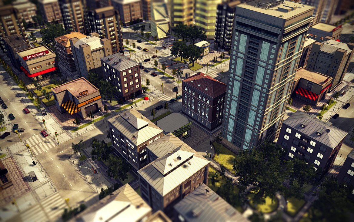 low-poly game buildings city blocks interactive sberbank town sim-city