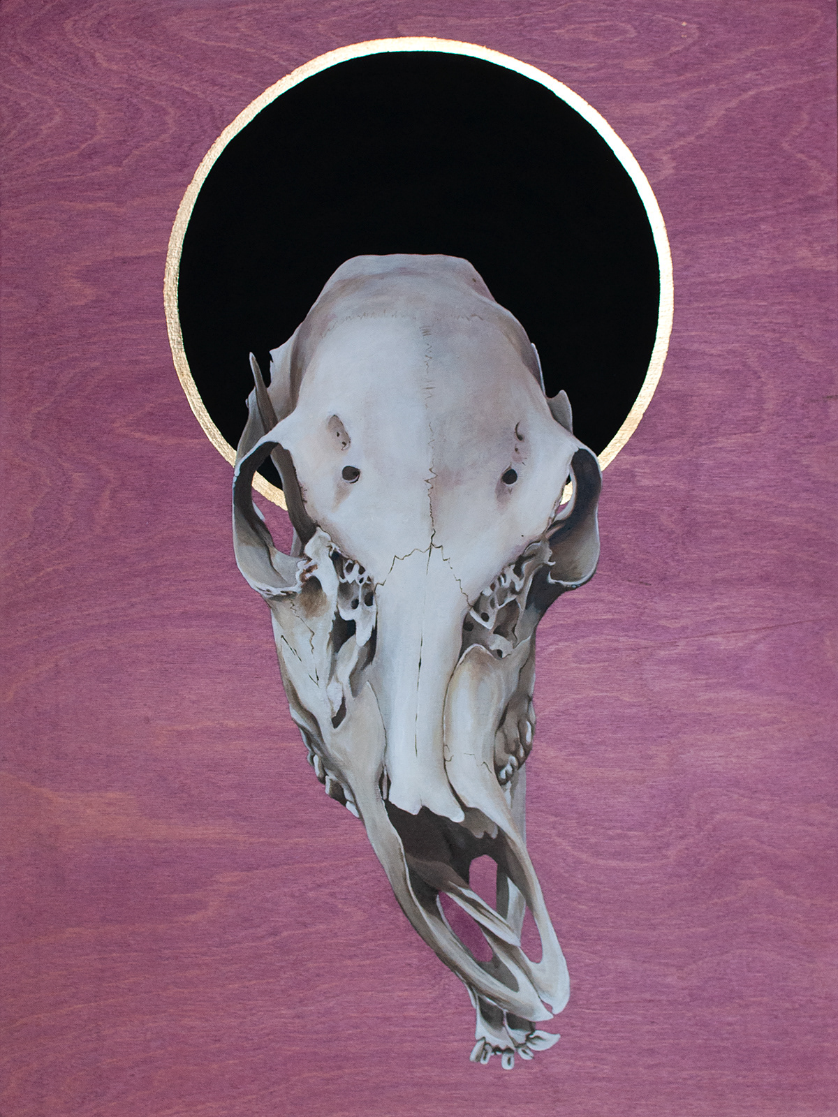 acrylic painting gold leaf Wood Panel doe skull skull deformity Halo black 2.0 wood grain symbolism