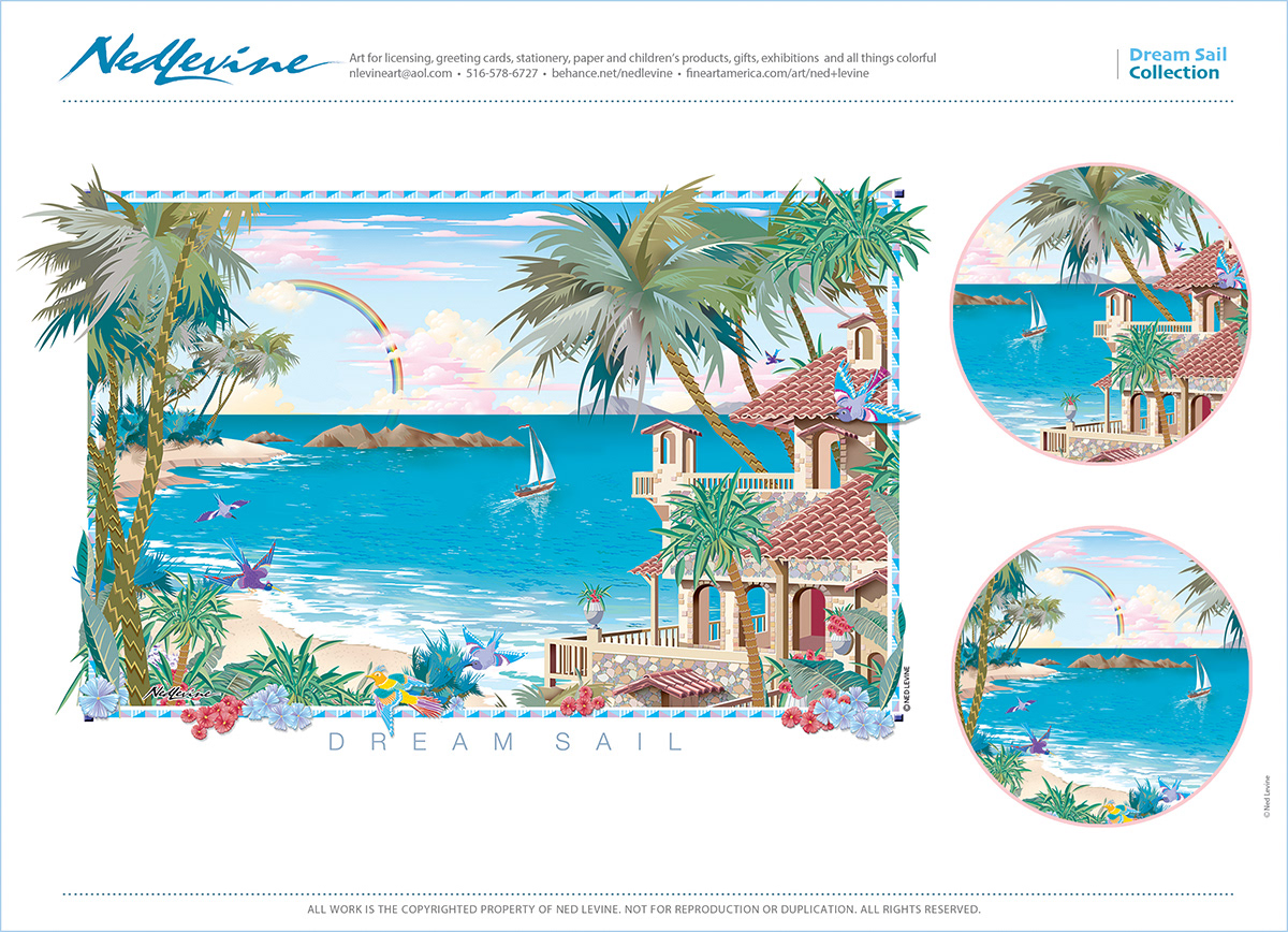 Tropical beach Beach house sailboat Landscape seascape birds Palm Trees waves tropical home