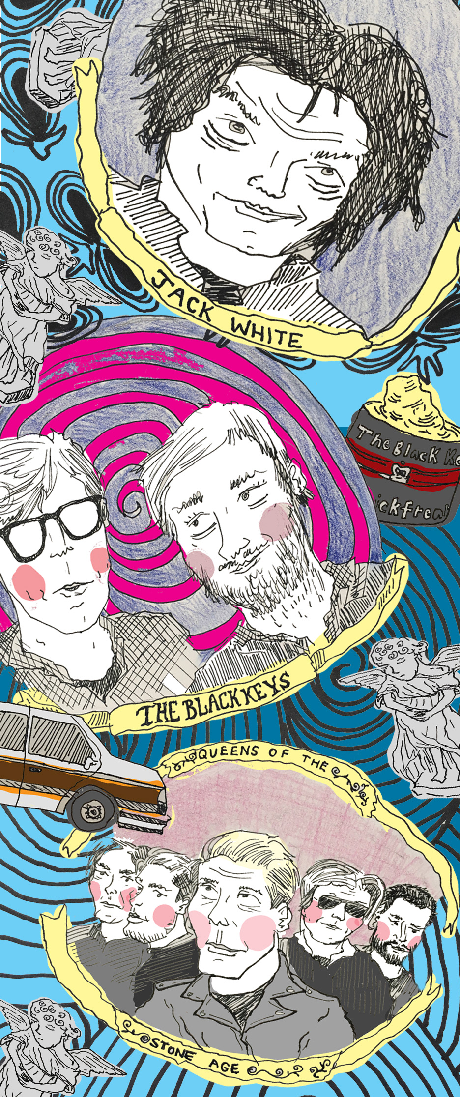 music musicposter jackwhite blackkeys QOTSA flyers doodles indie