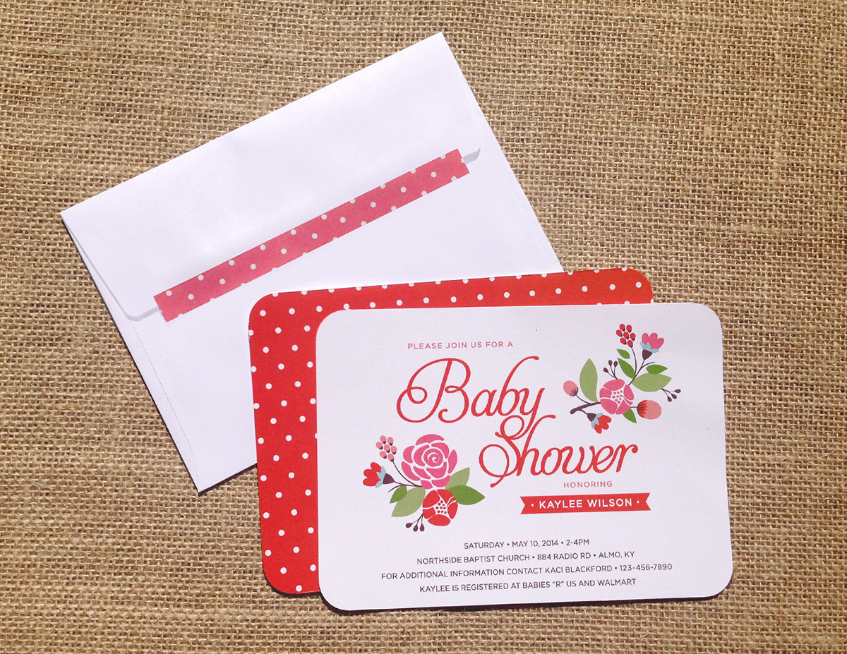 Baby Shower Invitation floral Polk Dots baby girl vector stationary card envelope sticker coral pink
