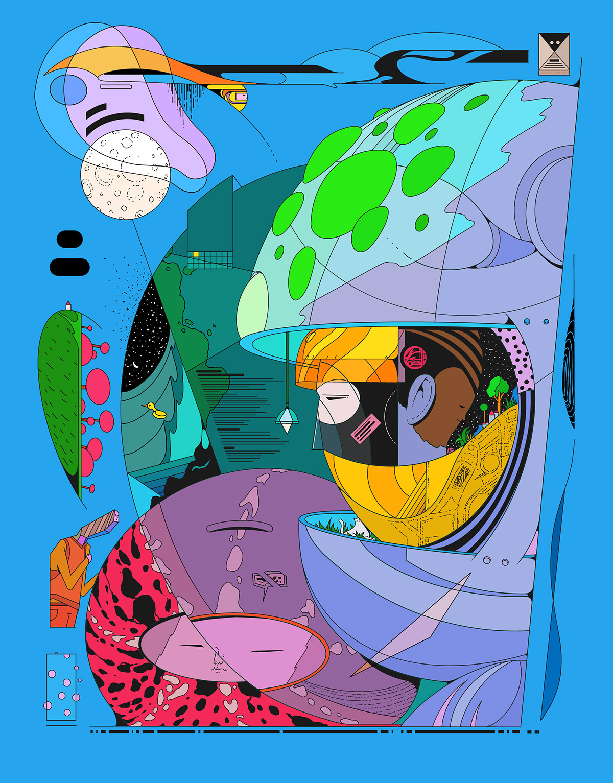 surreal psychedelic lineart freestyle flat trippy composition cozy Snugg characters