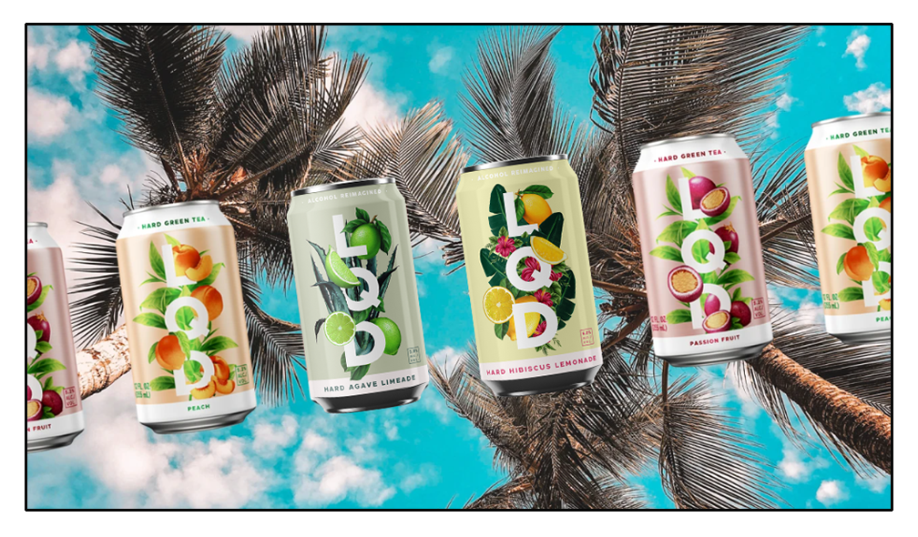 Lemon, lime, peach, and passion fruit illustrations used in packaging for LQD beverage products.