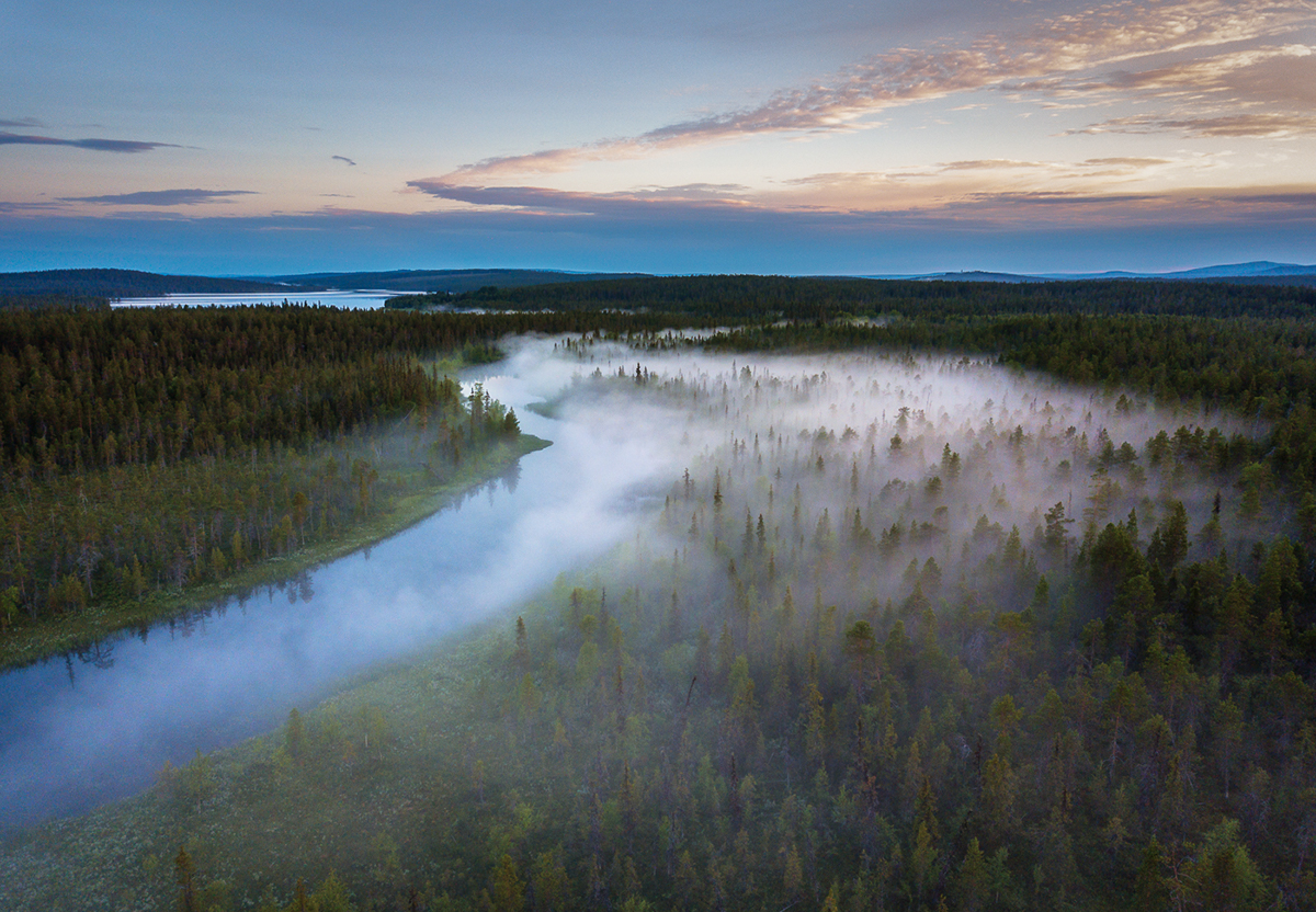 drone Midnight Sun misty nature photography Aerial Photography Lapland Muonio pallas-ylläs national park National Park