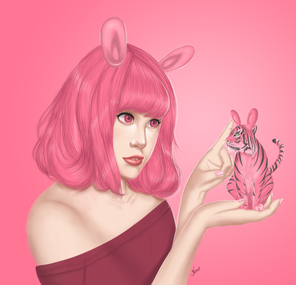portrait ILLUSTRATION  pink tiger bunny ears
