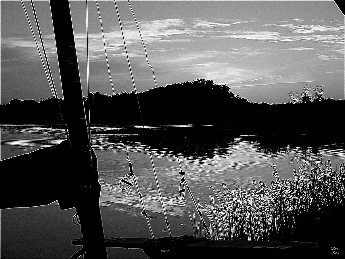 boat sailboat lake sunset dock black/white graphic color Nature Hobie Cat Sail