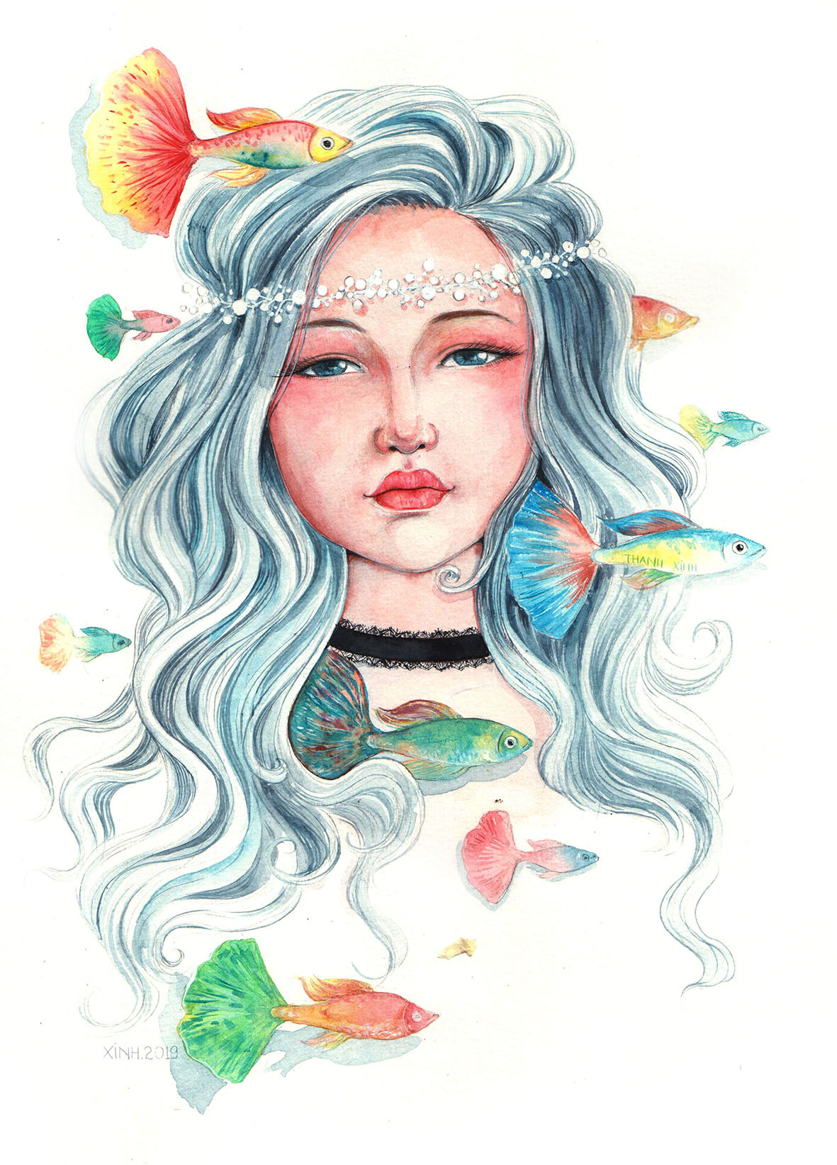 girl fish thanhxinh silence watercolorpainting  ILLUSTRATION  dreamer hair Beautiful
