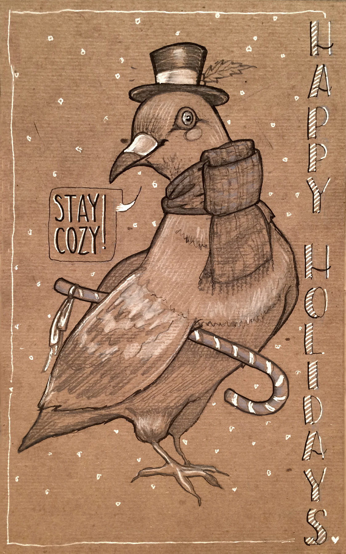 Fun Christmas holidays card merry happy pigeon snow tan Drawing 
