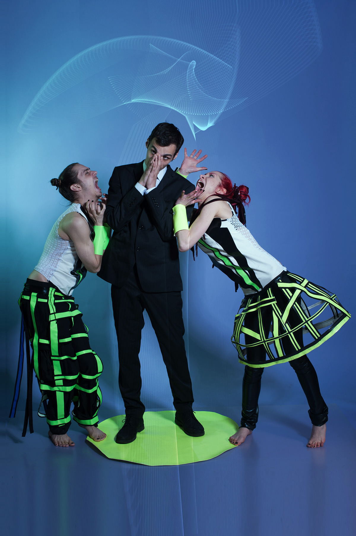 dancers' costumes Collaboration party sonic waves ultraviolet rays conceptual photo session