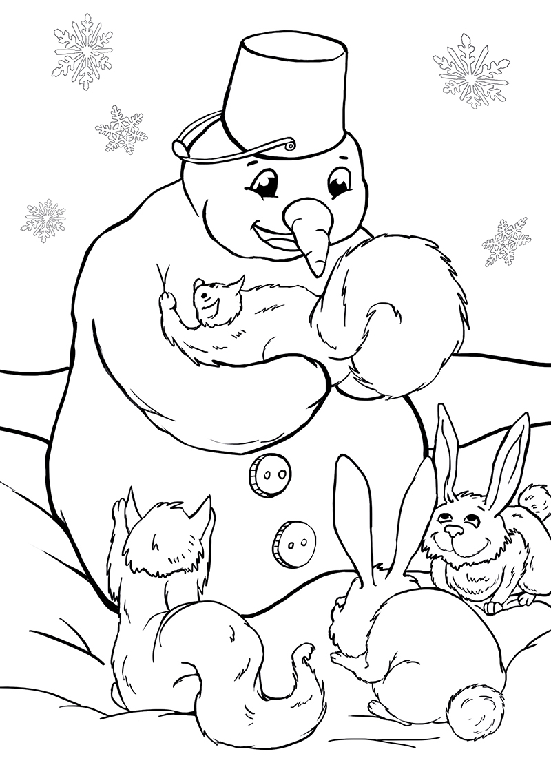 children book digital coloring book black and white linework snow winter Holiday Christmas snowman