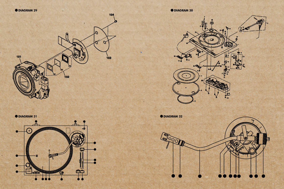 Retro vintage diagrams exploded technical manual instructions products tapes cassettes Audio Visual record player camera lense