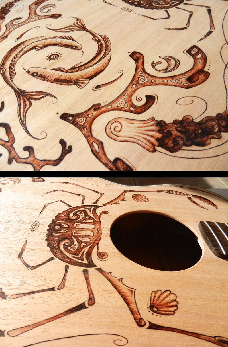 fender acoustic guitar woodburning pyrography aquatic undersea fish crab