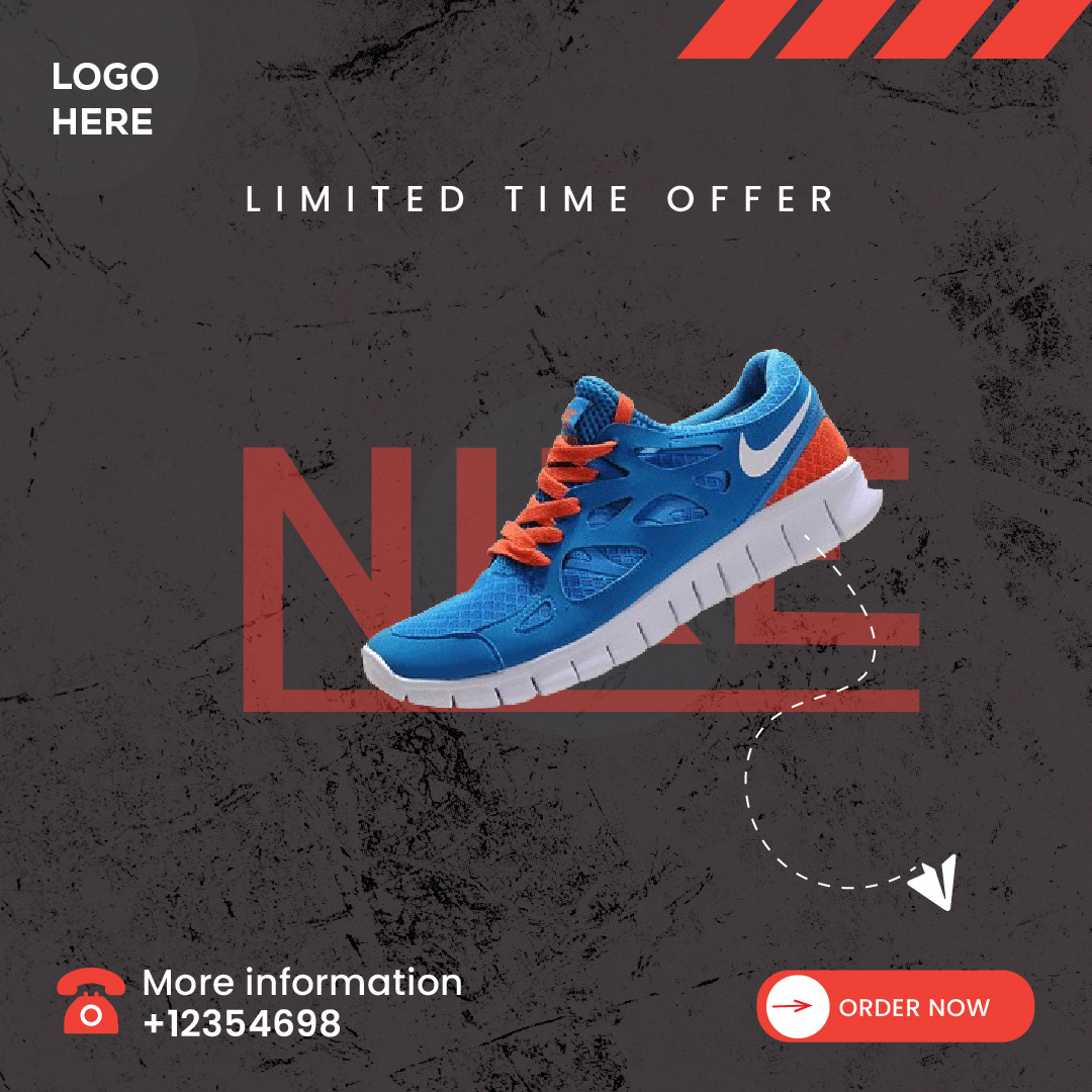 shoe social media poster for Instagram , Facebook. Blue color Nike shoe, new arrival 