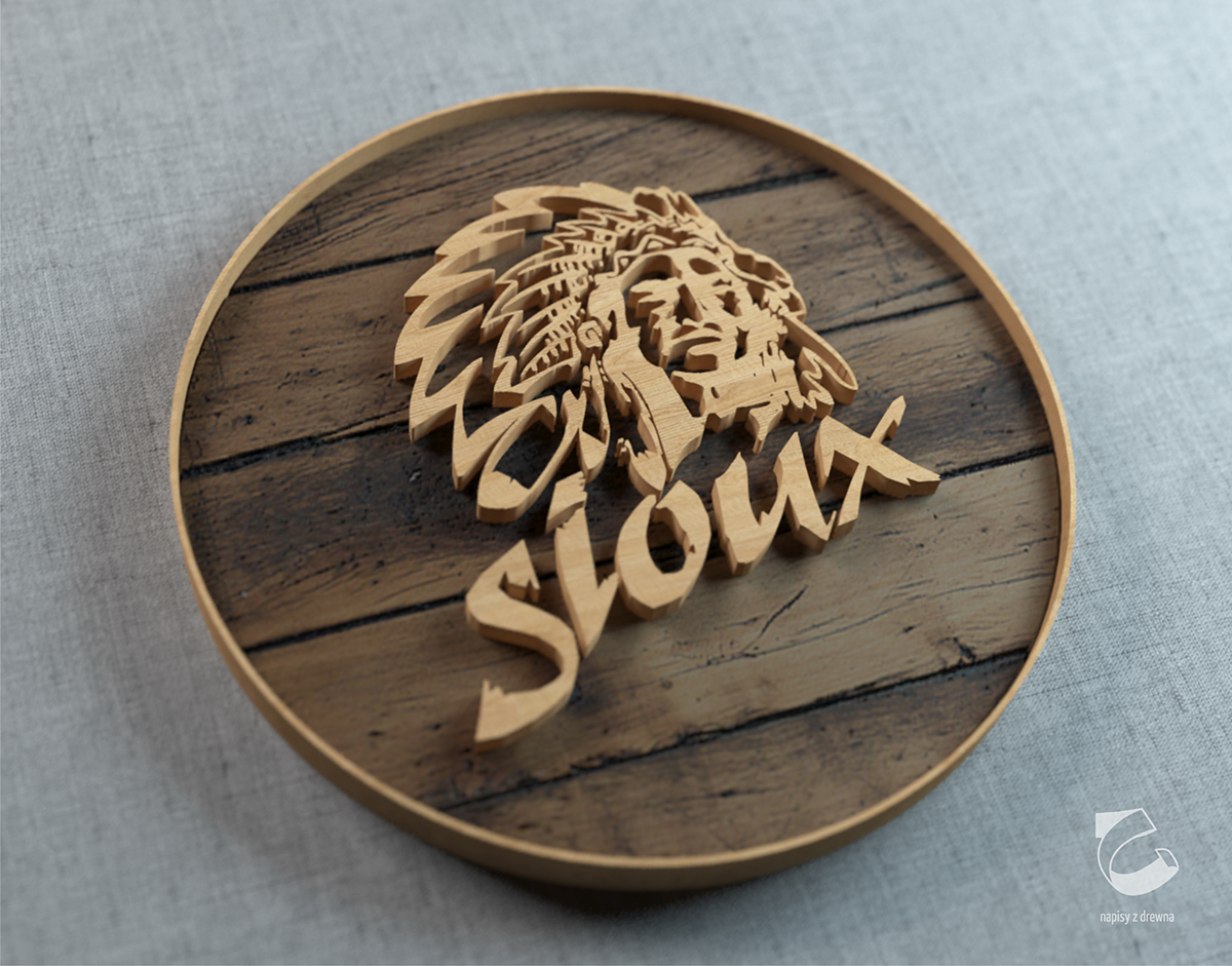 vray 3D Render wood letters oak brown indian sioux logo