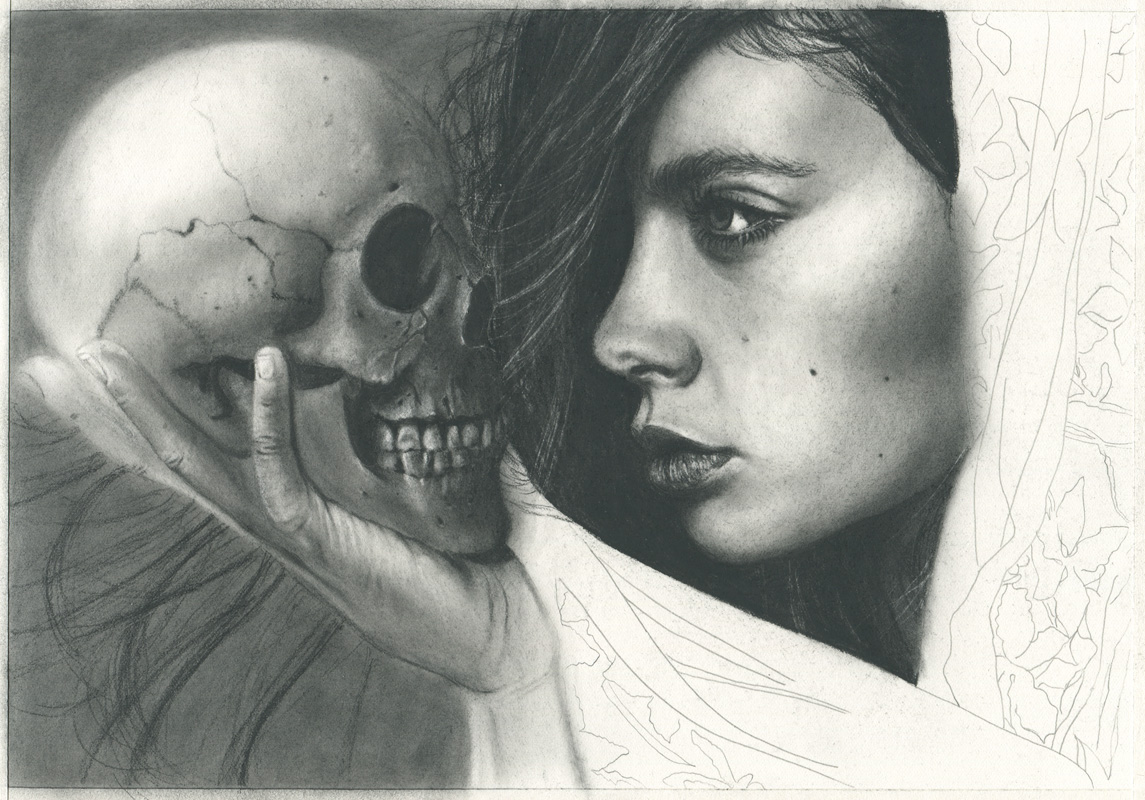 charcoal portrait Portraiture skull Veil profile pencil