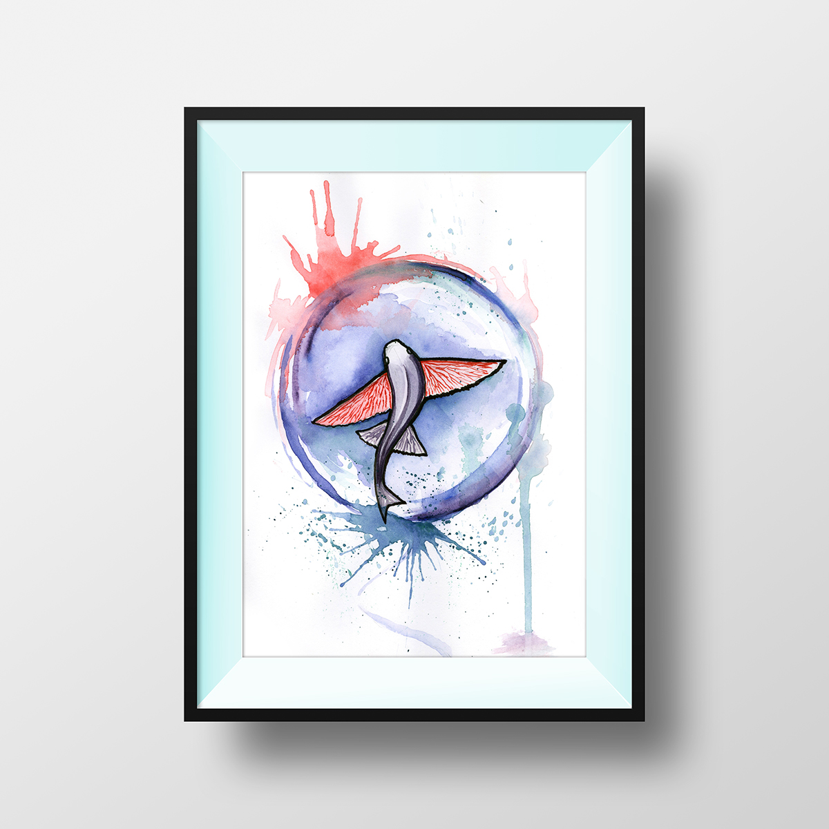 watercolor suluboya çizim Kite flyfish fish spider swallow stork daisy frames