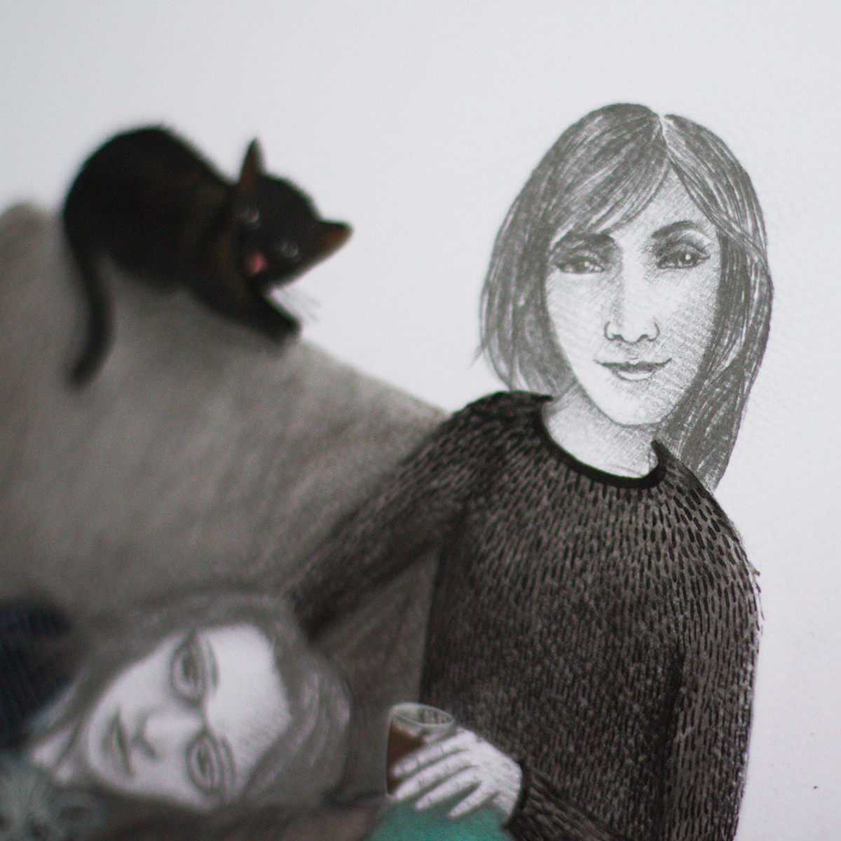 family portrait pencil ILLUSTRATION  customised dog Cat girls home