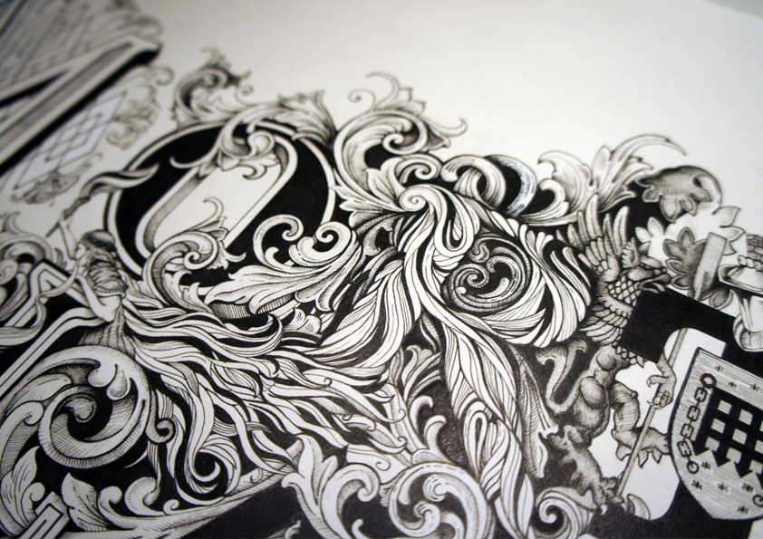 Mortlake Richmond London Black&white pen paper details flourishes baroque rococo history england hand drawn lettering Fables