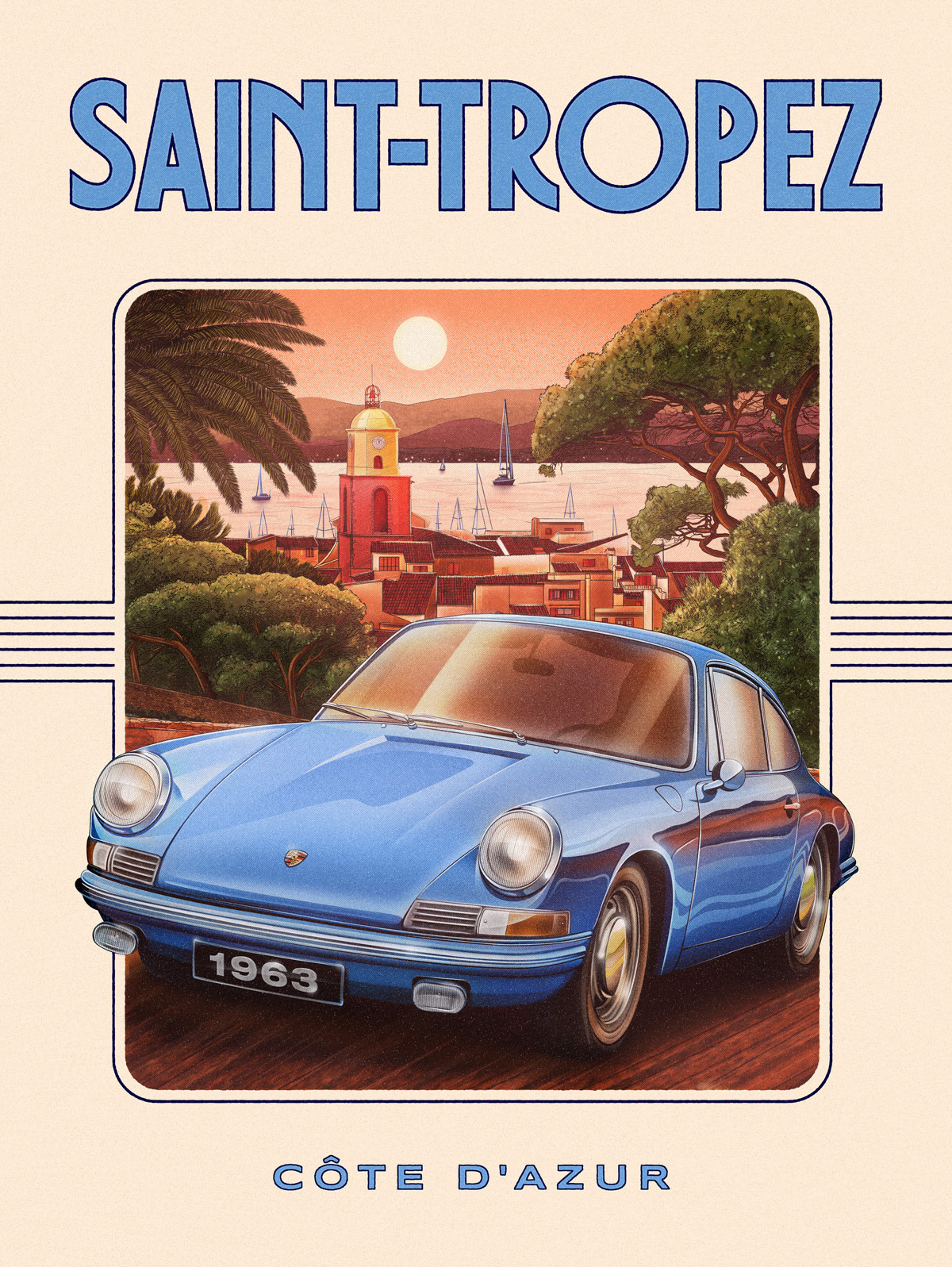 Saint-Tropez Porsche car ILLUSTRATION  lyon romain billaud Retro poster vintage car Porsche 911