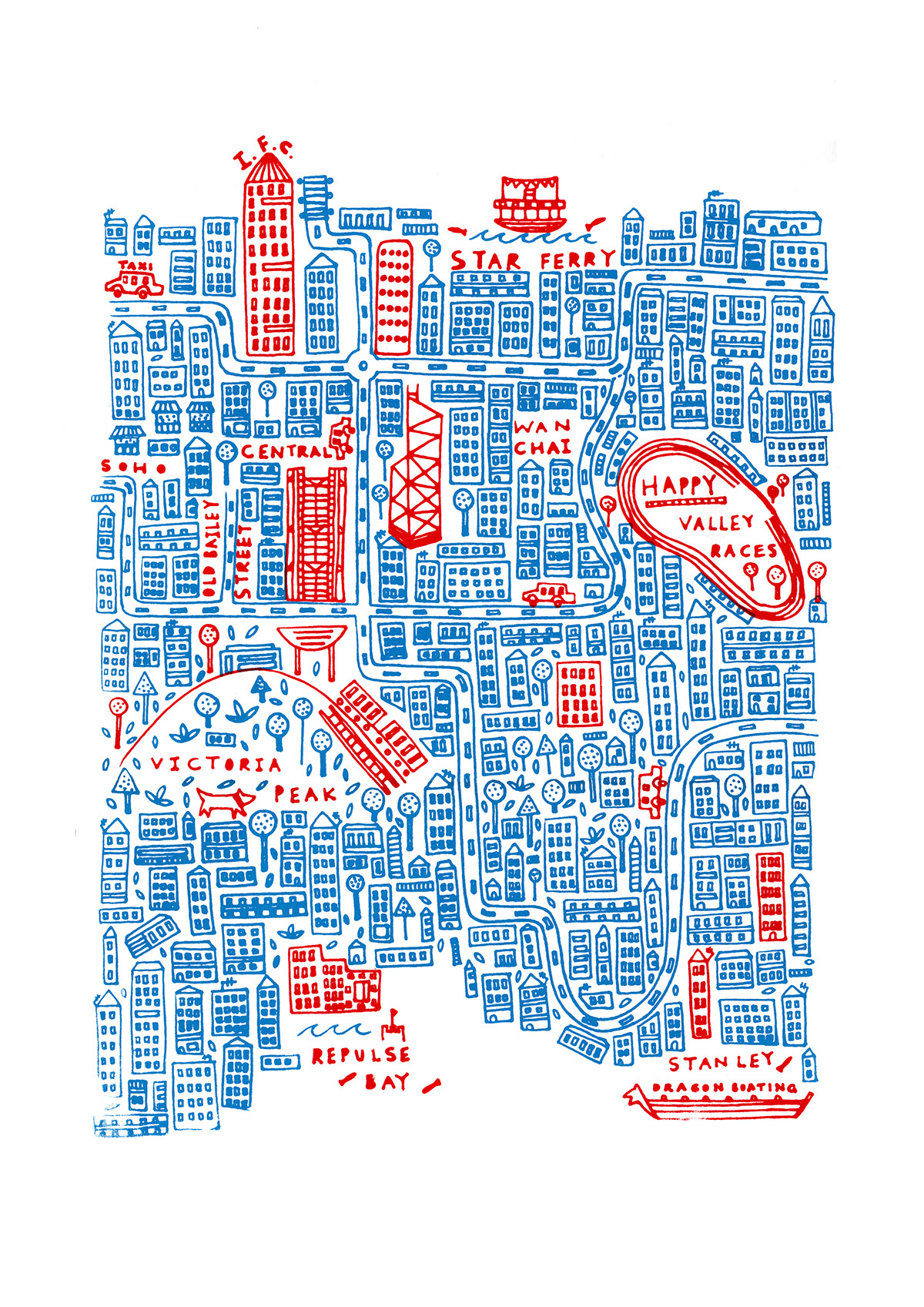 Hong Kong  Map screen print blue red two colours line Illustrative city commission buildings Cars skyscraper boat