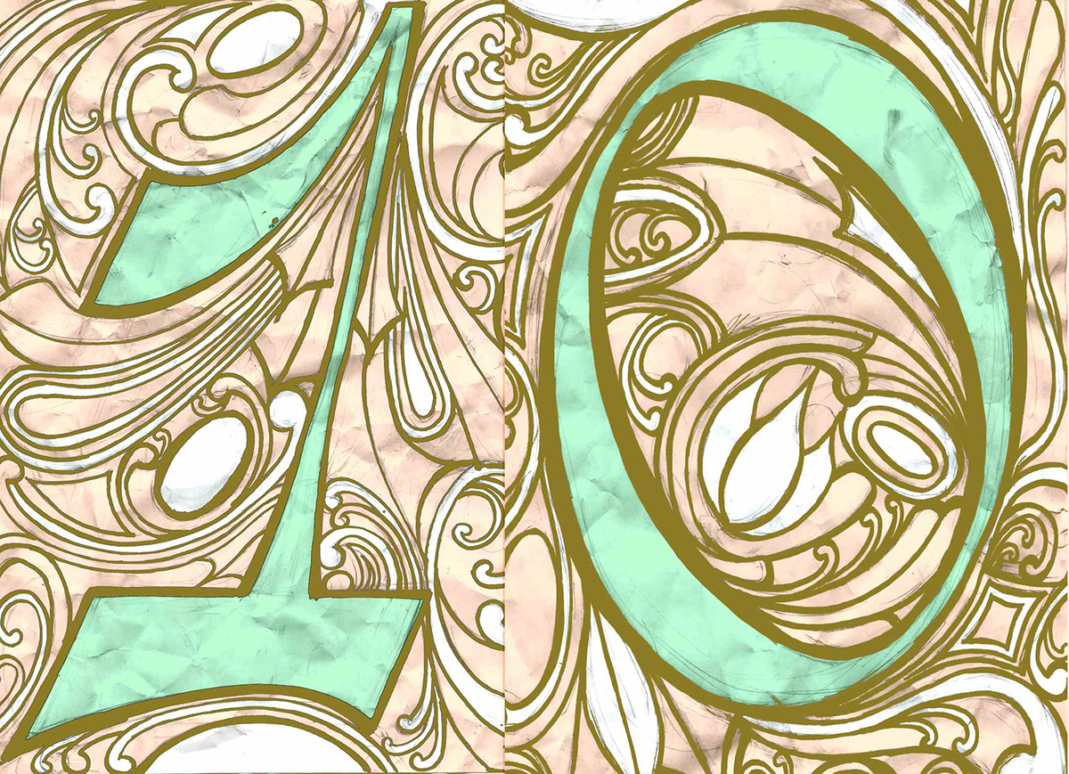 art nouveau Numerals numbers Filligre decade greeting cards color schemes Birthday anniversary series ornament floral pattern 10 20 30 40 50 60 70 80 90 100