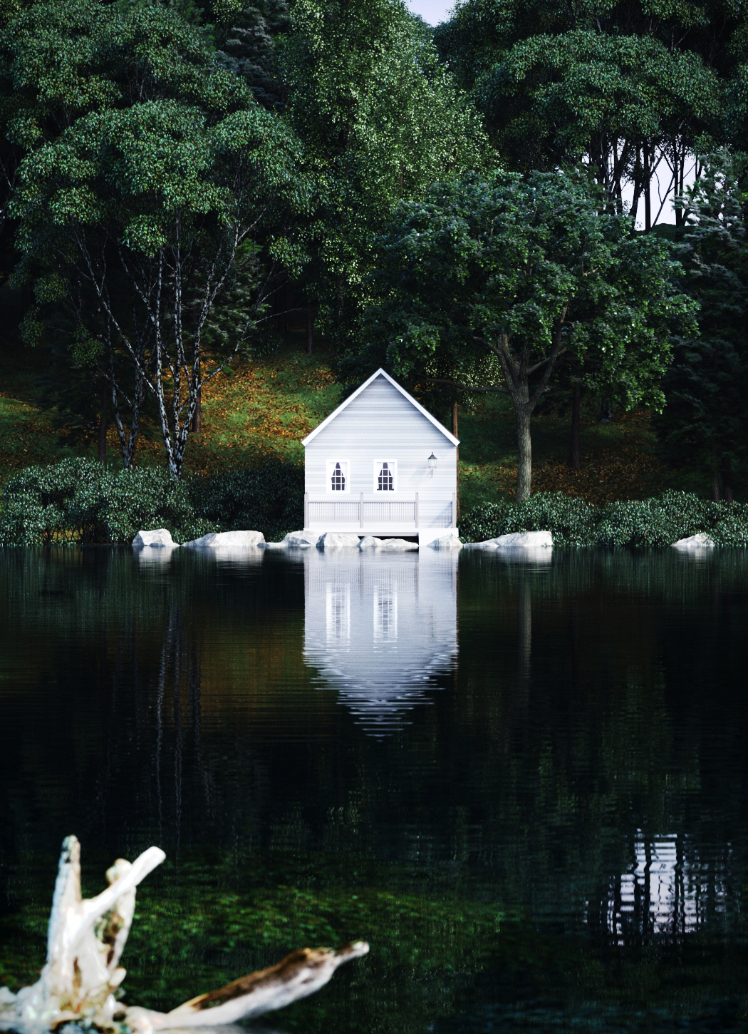 corona architecture house lake Render rendering CGI 3D wood water