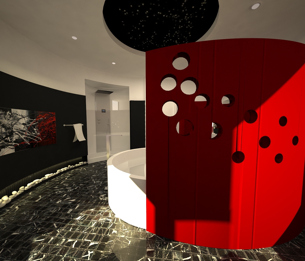 bathroom sculpture red black White roundtub circular Swirls fiberoptic